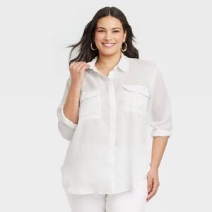 Women's Long Sleeve Chiffon Button-Down Shirt - Ava & Viv™ White 2X